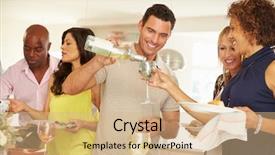  Presentation with dinner party - Beautiful PPT layouts featuring man pouring wine for guest at dinner party backdrop and a coral colored foreground