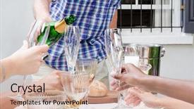  Presentation with racial - Amazing slide set having man pours champagne into glass flutes held by hands of multi racial origins no faces backdrop and a soft green colored foreground