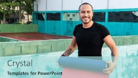  Presentation with turquoise - Slide set enhanced with man-practicing-yoga background and a light blue colored foreground