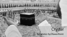  Presentation with makkah - Slide set consisting of man praying at kaaba makkah background and a light gray colored foreground