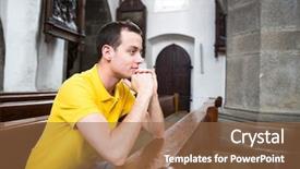 Presentation with redevelopment of church - Colorful PPT theme enhanced with man praying in a church backdrop and a tawny brown colored foreground