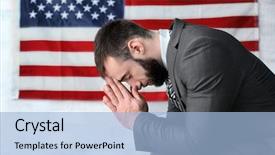  Presentation with american flag and eagle - Beautiful PPT theme featuring man praying on american flag backdrop and a  colored foreground