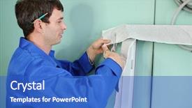  Presentation with window frame - Presentation design having man prepares a new window frame for installation in a window aperture background and a teal colored foreground