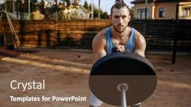  Presentation with barbell - Slide set with man-prepares-barbell-weights-street background and a violet colored foreground