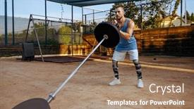  Presentation with barbell - Colorful presentation design enhanced with man-prepares-barbell-weights-street backdrop and a coral colored foreground