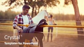  Presentation with nature countryside - Beautiful PPT theme featuring man-preparing-a-horse-saddle backdrop and a coral colored foreground