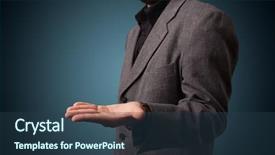  Presentation with space - Theme having man presenting with hand empty background and a ocean colored foreground