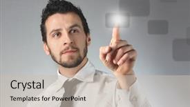  Presentation with business man climbs up to the top of 3d success stairs steps - Cool new presentation theme with man pressing a touchscreen button backdrop and a soft green colored foreground