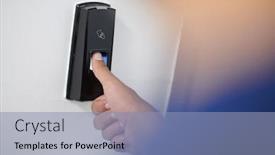  Presentation with security scan - Beautiful presentation design featuring man-pressing-fingerprint-scanner backdrop and a light blue colored foreground