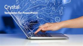  Presentation with doodle - Audience pleasing PPT theme consisting of man pressing notebook laptop computer with doodle icon media cloud symbols backdrop and a teal colored foreground