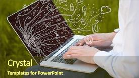  Presentation with doodle - Beautiful theme featuring man pressing notebook laptop computer with doodle icon media cloud symbols backdrop and a tawny brown colored foreground