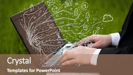  Presentation with doodle - Slide set with man pressing notebook laptop computer with doodle icon media cloud symbols background and a coral colored foreground