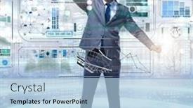  Presentation with data mining - PPT theme enhanced with man-pressing-virtual-button background and a light blue colored foreground