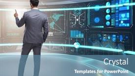  Presentation with data mining - PPT theme with man-pressing-virtual-button background and a teal colored foreground