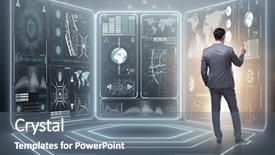  Presentation with data mining - Cool new slide deck with world system analysis - man pressing virtual button backdrop and a gray colored foreground