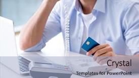  Presentation with card transaction - Presentation theme with man processing credit card transaction background and a light blue colored foreground