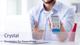 Presentation with card transaction - PPT layouts enhanced with man processing credit card transaction background and a sky blue colored foreground