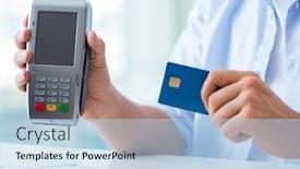  Presentation with card transaction - Amazing PPT theme having man processing credit card transaction with pos terminal backdrop and a light blue colored foreground