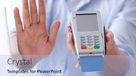  Presentation with card transaction - Presentation theme featuring man-processing-credit-card-transaction background and a light blue colored foreground