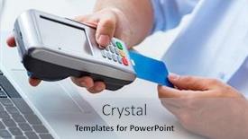  Presentation with card transaction - Slide deck with man-processing-credit-card-transaction background and a light blue colored foreground