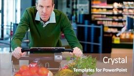  Presentation with grocery - Slide deck consisting of man pushing a grocery cart background and a coral colored foreground