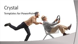  Presentation with steering cars - Beautiful slide deck featuring man pushing a shopping cart backdrop and a white colored foreground