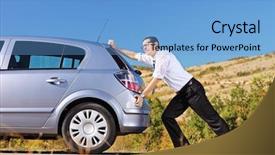  Presentation with car - Theme having man pushing his broken car background and a light blue colored foreground