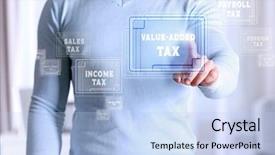  Presentation with value added tax - Colorful PPT layouts enhanced with man pushing value-added tax backdrop and a light blue colored foreground