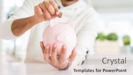  Presentation with investment - Slide set having man putting a coin inside of piggy bank saving for investment background and a lemonade colored foreground