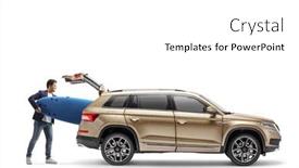  Presentation with suv - Presentation theme with man-putting-a-surfboard background and a white colored foreground