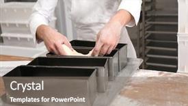  Presentation with metal forming - Slide set featuring man putting dough into metal background and a gray colored foreground