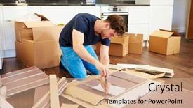  Presentation with self - Audience pleasing PPT layouts consisting of man putting together self assembly backdrop and a coral colored foreground