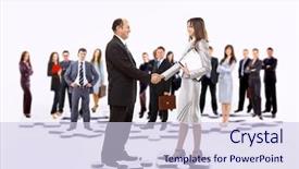  Presentation with five business people standing together and smiling - PPT layouts consisting of man puzzle - smiling business people and business background and a sky blue colored foreground