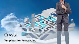  Presentation with pen - Presentation theme featuring man puzzle - thoughtful businessman holding pen background and a light blue colored foreground