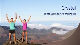  Presentation with summit - Colorful slide set enhanced with man reaching goals - happy cheering winning success outdoors backdrop and a sky blue colored foreground