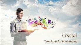  Presentation with book turning pages - PPT theme having man reaching hand with book background and a cream colored foreground