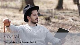  Presentation with novel - PPT layouts having man reading a novel in the woods portrait background and a light gray colored foreground