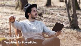  Presentation with novel - Audience pleasing slide deck consisting of man reading a novel in the woods portrait backdrop and a coral colored foreground