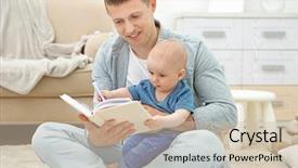  Presentation with baby book - Audience pleasing slides consisting of man reading book and holding backdrop and a  colored foreground