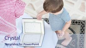  Presentation with arabic - Audience pleasing theme consisting of spirituality education - young arabic muslim man reading backdrop and a sky blue colored foreground