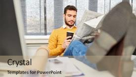  Presentation with office newspaper - Slide deck enhanced with man reading newspaper at office background and a coral colored foreground