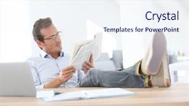  Presentation with reading table - Amazing presentation theme having man reading newspaper with stretched legs over table backdrop and a sky blue colored foreground
