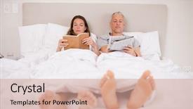  Presentation with wife - PPT theme with man reading the news while his wife is reading a book in their bedroom background and a coral colored foreground