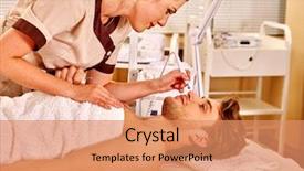  Presentation with beautician - Colorful PPT layouts enhanced with man receiving electric facial eyes backdrop and a coral colored foreground