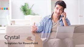  Presentation with mobil home park - Colorful PPT layouts enhanced with man receiving parcel at home backdrop and a soft green colored foreground