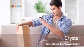  Presentation with mobil home park - Beautiful PPT layouts featuring man receiving parcel at home backdrop and a coral colored foreground