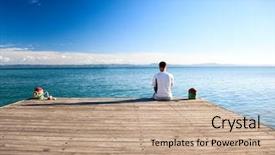  Presentation with man relaxing on massage table - Presentation theme consisting of man relax siting on pier background and a coral colored foreground