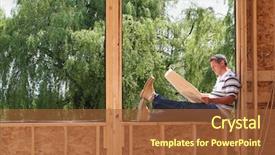  Presentation with under construction - Audience pleasing PPT theme consisting of man relaxed and reading the blue prints of his new home still under construction backdrop and a red colored foreground