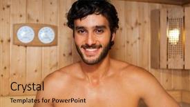  Presentation with man relaxing on massage table - Audience pleasing slide set consisting of man relaxing in a sauna backdrop and a  colored foreground