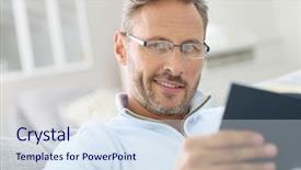  Presentation with uae old man - Presentation design consisting of man relaxing in sofa reading background and a sky blue colored foreground